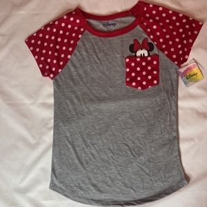 Disney size M Minnie Mouse Ringer Tshirt with Pocket Red Polka Dots Grey